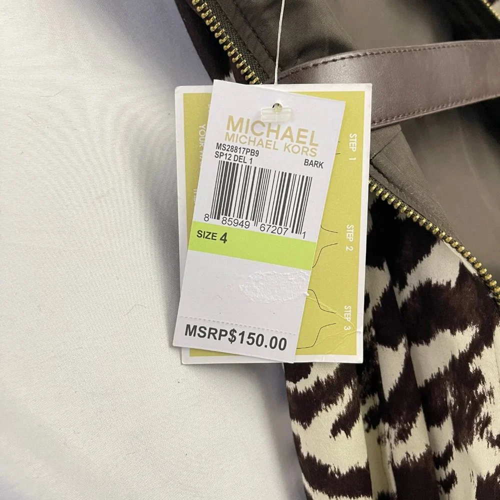 NEW Michael Kors Size 4 Brown Ivory Belted Cut Out Zip Cotton Blend Dress $150